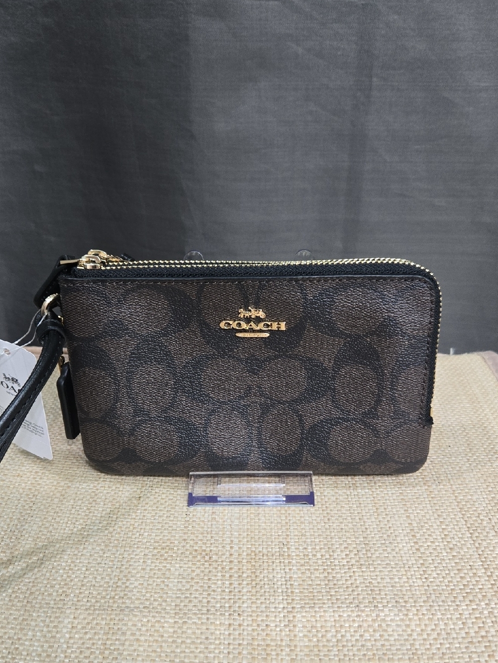 Coach Double Zip Brown Signature Leather Wristlet